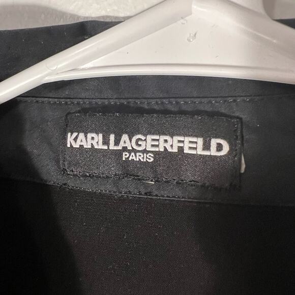 Karl lagerfeld paris black ruffled button down stretch shirt sz L - Picture 5 of 9